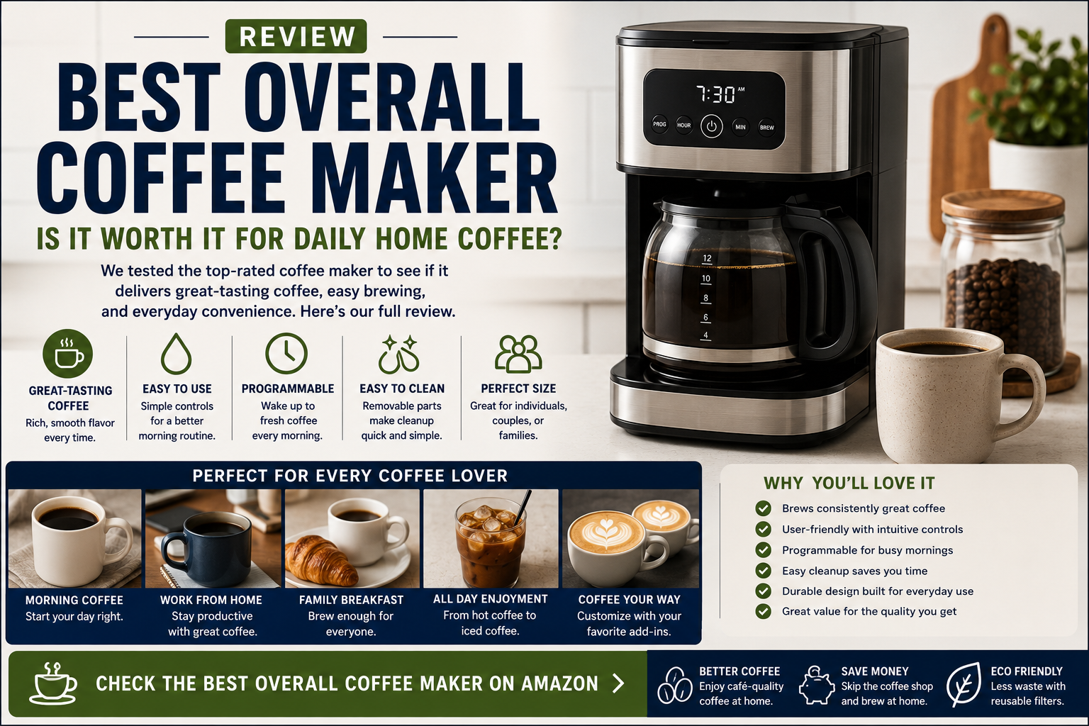 Best overall coffee maker review for daily home coffee, morning routines, drip brewing, easy cleanup, and everyday kitchen use.