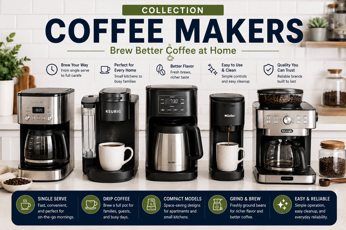 Best coffee makers for home kitchens including drip coffee makers, single serve coffee makers, compact coffee makers, family coffee makers, and specialty coffee machines.