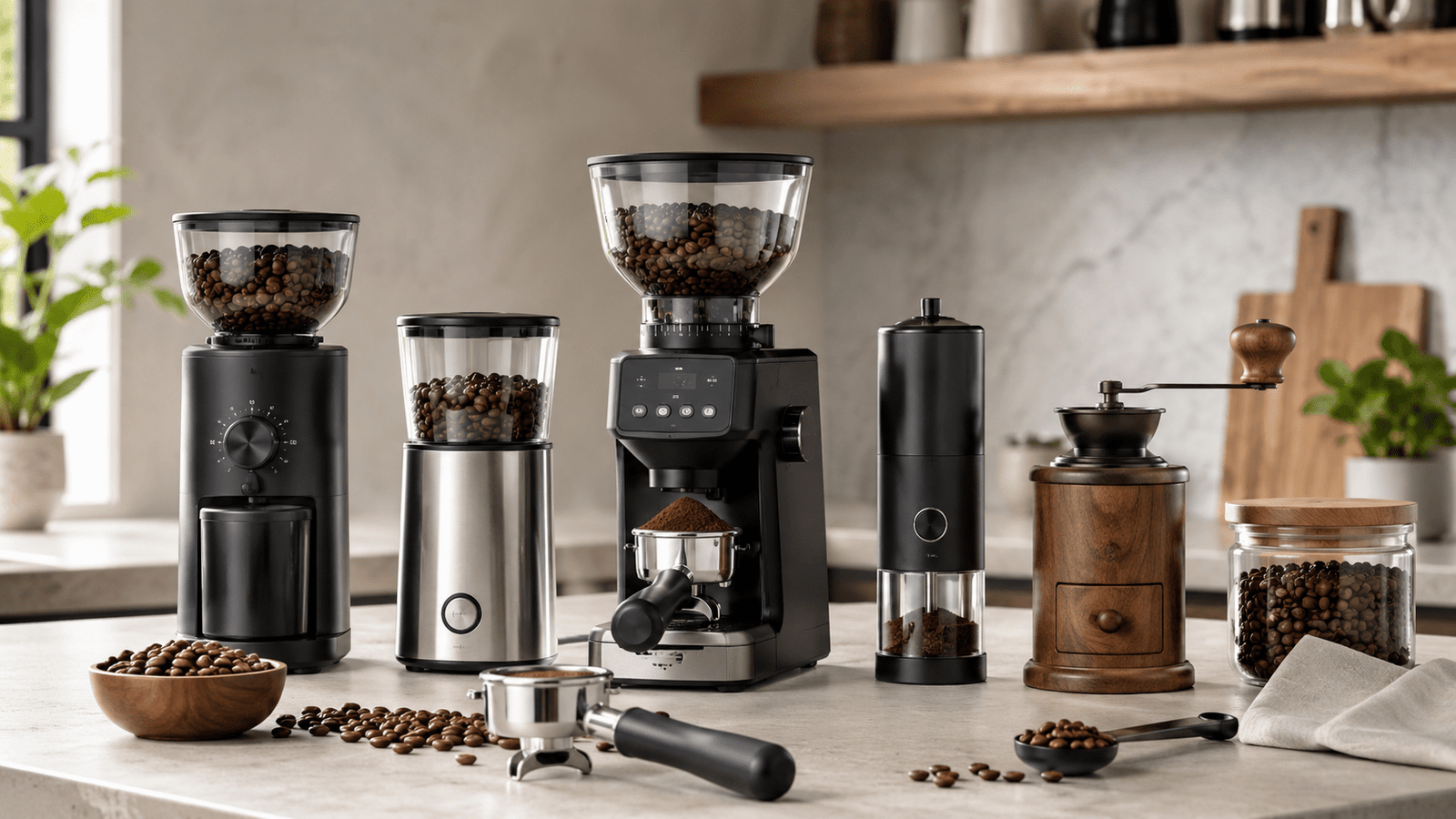 Coffee grinders collection image featuring burr coffee grinders, electric coffee grinders, manual coffee grinders, fresh coffee beans, espresso accessories, and home coffee bar setup.