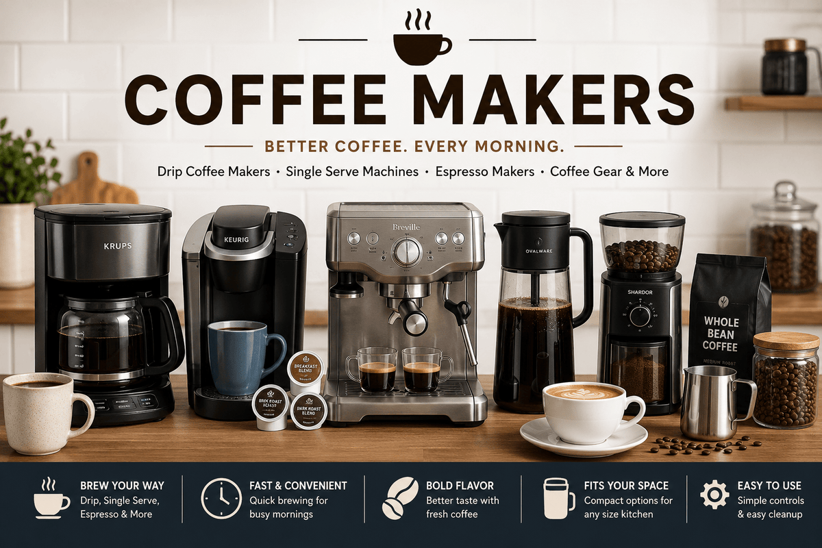 Coffee makers collection featuring drip coffee maker, single serve coffee machine, espresso-style appliance, coffee grinder, mugs, and home kitchen coffee gear.