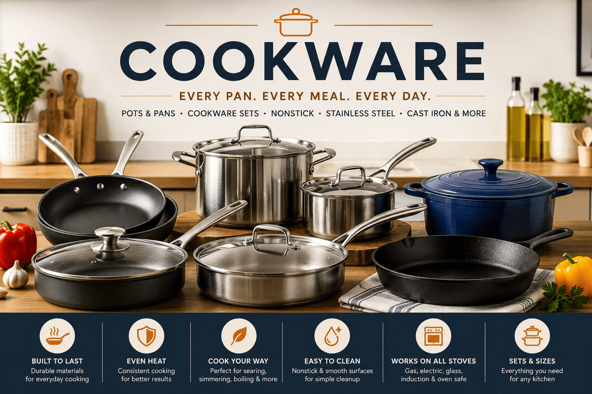 Cookware collection featuring pots, pans, skillets, saucepans, Dutch oven, cookware sets, and everyday cooking essentials in a modern kitchen.