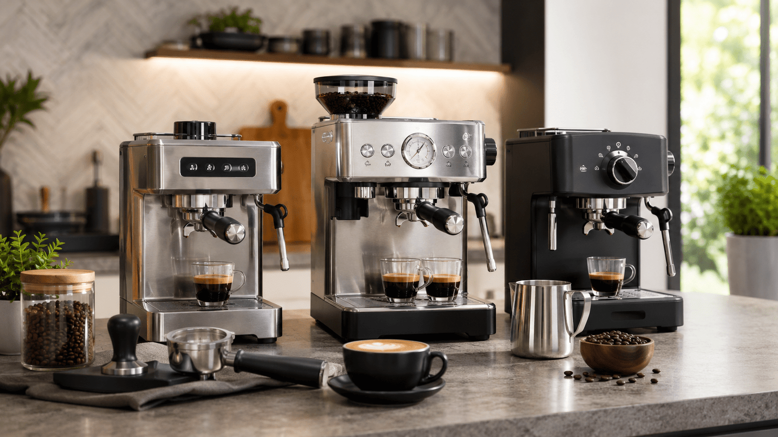 Espresso machines collection image featuring home espresso machines, cappuccino makers, latte machines, portafilters, milk frothing pitchers, coffee cups, and modern kitchen coffee bar setup.