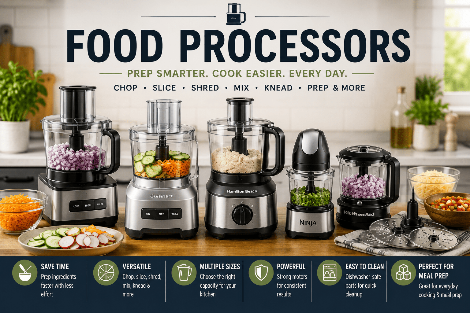 Food processors collection featuring kitchen food processors, choppers, slicers, vegetables, prep bowls, and meal prep tools in a modern kitchen.