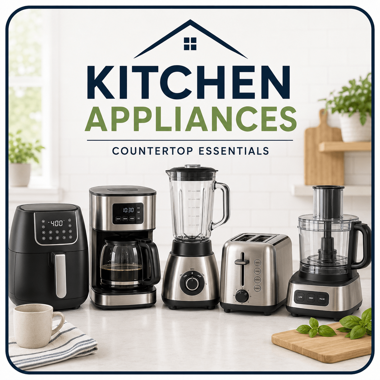 Kitchen appliances collection featuring air fryer, coffee maker, blender, toaster, food processor, and small countertop appliances in a modern kitchen.