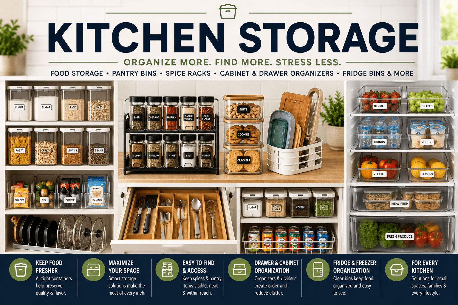 Kitchen storage collection featuring food storage containers, pantry bins, spice racks, drawer organizers, refrigerator bins, and kitchen organization products.