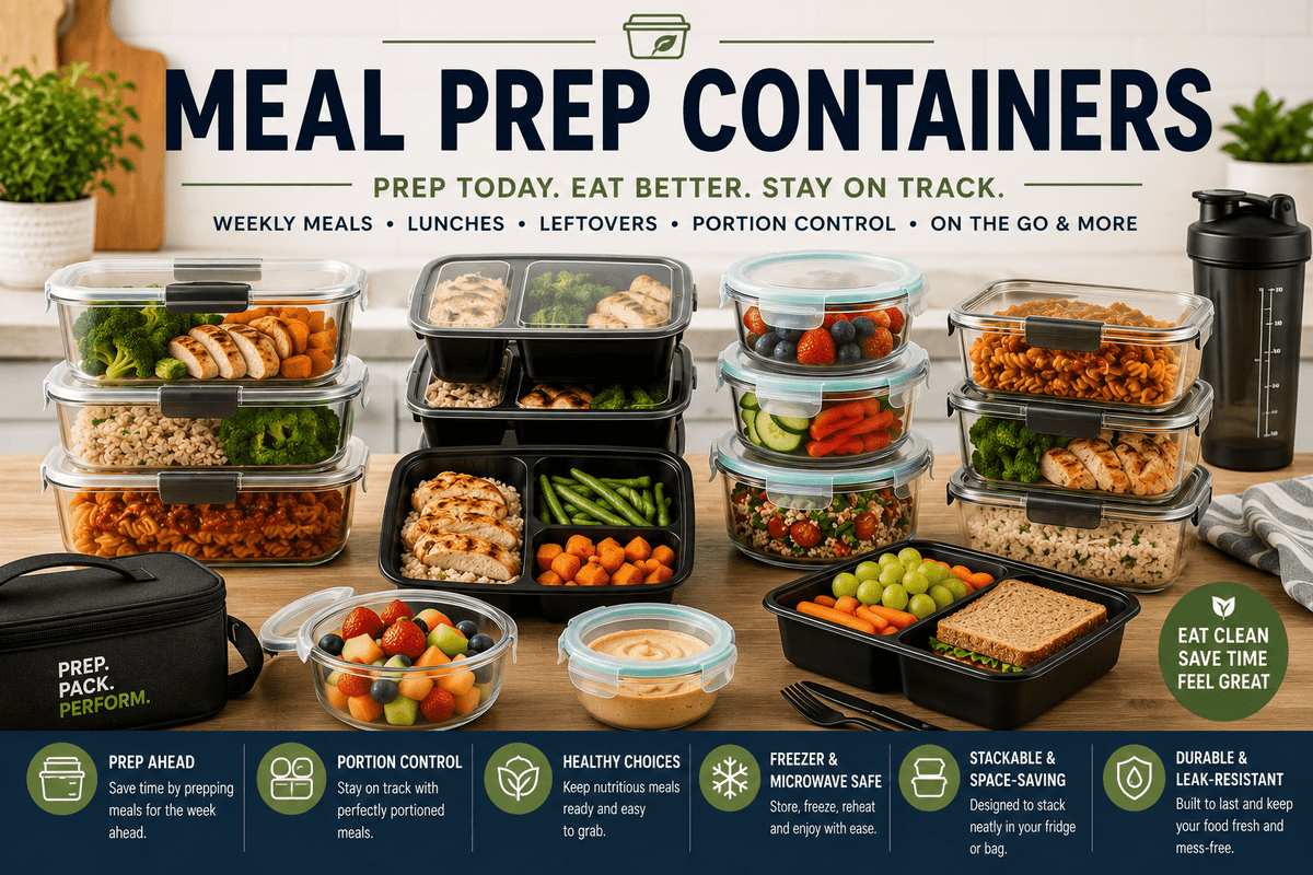 Meal prep containers collection featuring organized food storage containers, portioned meals, lunches, leftovers, vegetables, proteins, and weekly meal prep in a modern kitchen.