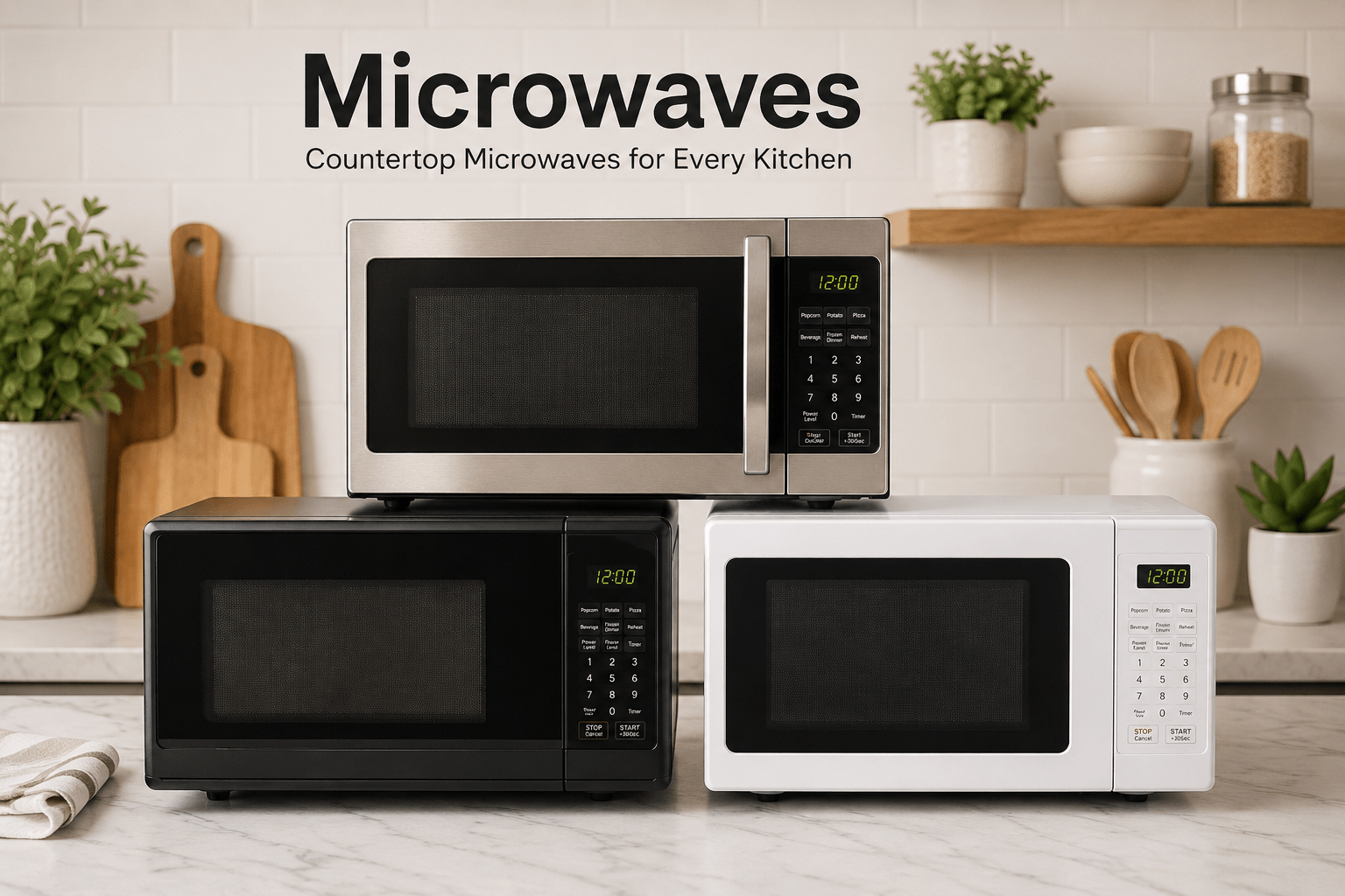 Microwaves collection image featuring countertop microwaves, compact kitchen microwaves, stainless steel microwave ovens, reheating meals, and everyday kitchen appliances.