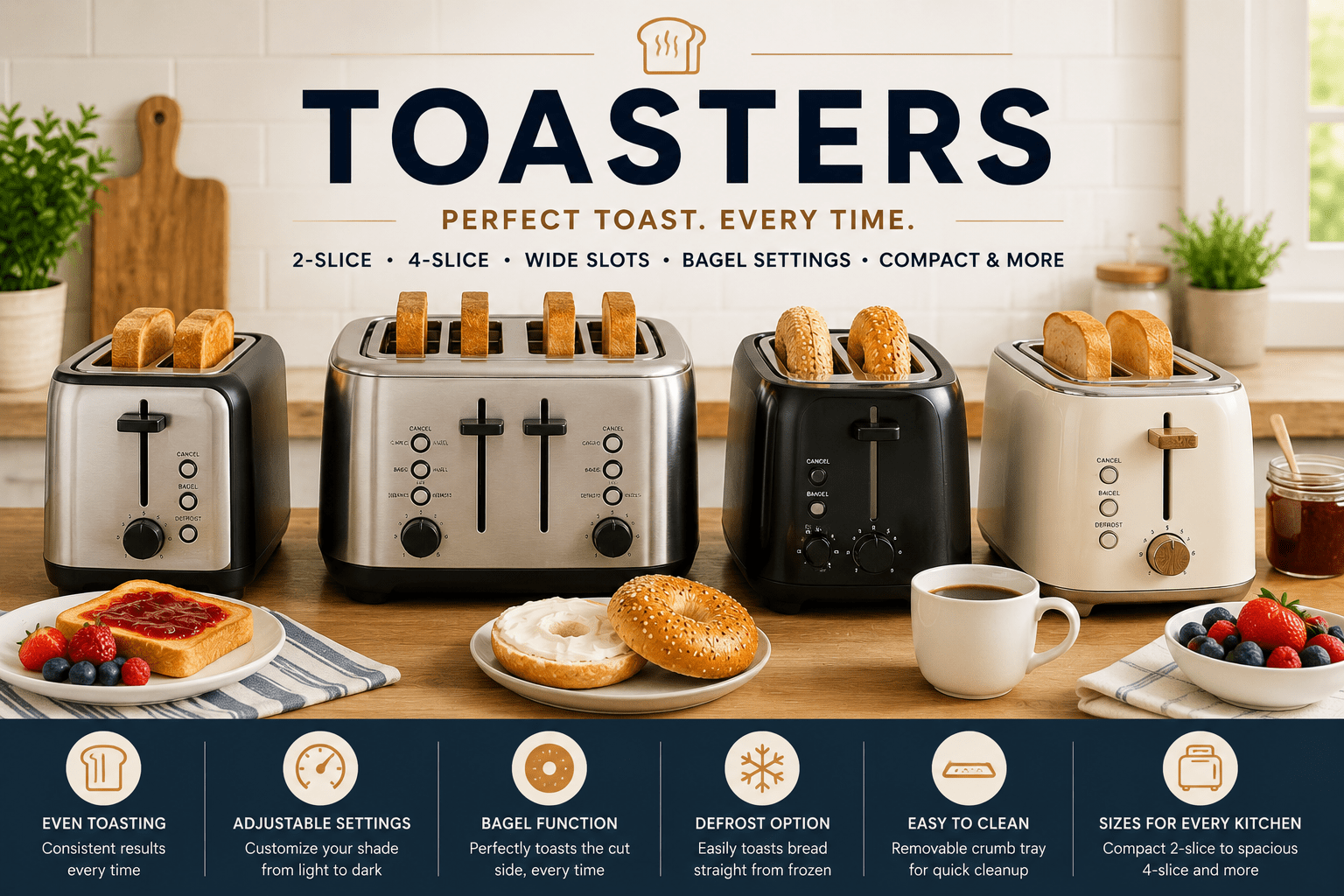Toasters collection featuring 2-slice toasters, 4-slice toasters, countertop toaster appliances, toast, bagels, and breakfast essentials in a modern kitchen.