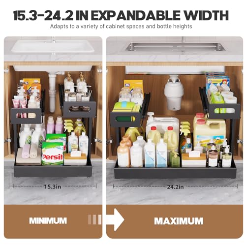 1 Pack Expandable Under Sink Organizers And Storage With Upgrade Ball-Bearing Slide Tracks,2-Tier Pull Out Under Cabinet Organizer Height Adjustable,Slide Out Under Sink Drawers-Black(Patent Pending) - My Kitchen Products