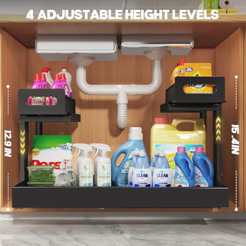 1 Pack Expandable Under Sink Organizers And Storage With Upgrade Ball-Bearing Slide Tracks,2-Tier Pull Out Under Cabinet Organizer Height Adjustable,Slide Out Under Sink Drawers-Black(Patent Pending) - My Kitchen Products