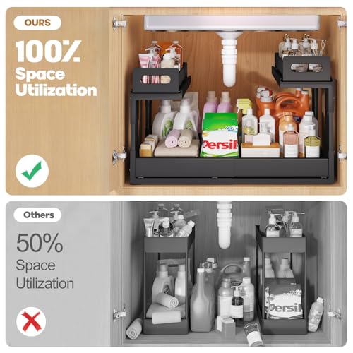1 Pack Expandable Under Sink Organizers And Storage With Upgrade Ball-Bearing Slide Tracks,2-Tier Pull Out Under Cabinet Organizer Height Adjustable,Slide Out Under Sink Drawers-Black(Patent Pending) - My Kitchen Products