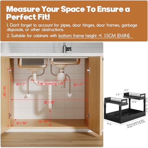 1 Pack Expandable Under Sink Organizers And Storage With Upgrade Ball-Bearing Slide Tracks,2-Tier Pull Out Under Cabinet Organizer Height Adjustable,Slide Out Under Sink Drawers-Black(Patent Pending) - My Kitchen Products