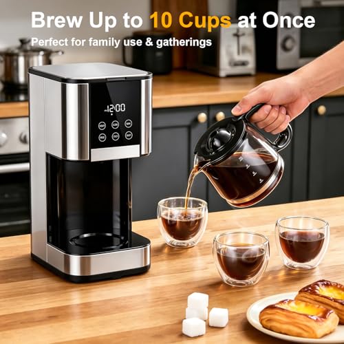 10 Cup Programmable Drip Coffee Maker, Adjustable Brew Strength, Pause & Serve, Heat Resistant Glass Carafe, Permanent Filter, Auto Shut Off, Stainless Steel, Compact Coffee Machine for Home Office - My Kitchen Products