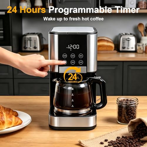 10 Cup Programmable Drip Coffee Maker, Adjustable Brew Strength, Pause & Serve, Heat Resistant Glass Carafe, Permanent Filter, Auto Shut Off, Stainless Steel, Compact Coffee Machine for Home Office - My Kitchen Products