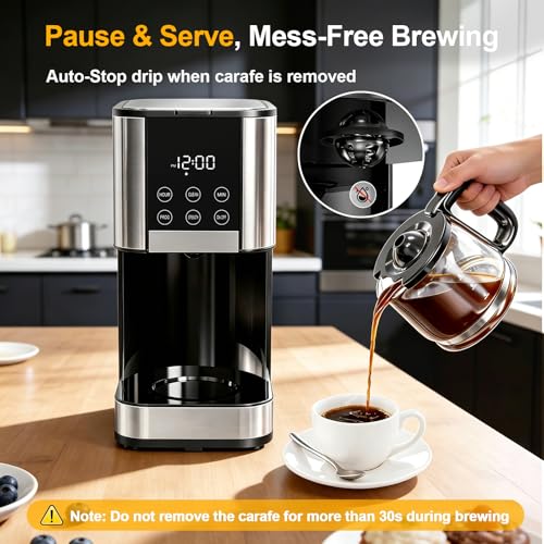 10 Cup Programmable Drip Coffee Maker, Adjustable Brew Strength, Pause & Serve, Heat Resistant Glass Carafe, Permanent Filter, Auto Shut Off, Stainless Steel, Compact Coffee Machine for Home Office - My Kitchen Products