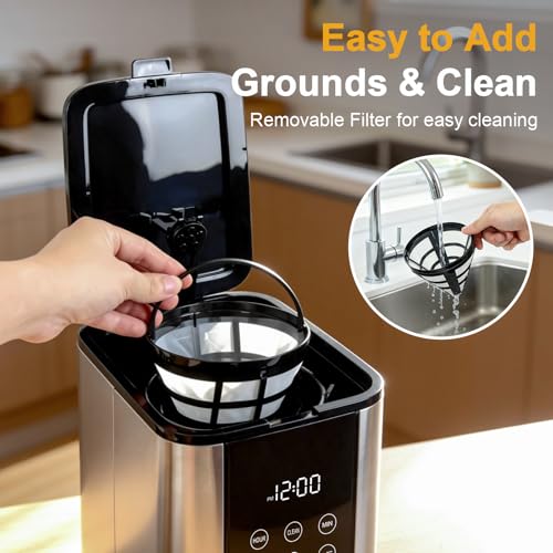 10 Cup Programmable Drip Coffee Maker, Adjustable Brew Strength, Pause & Serve, Heat Resistant Glass Carafe, Permanent Filter, Auto Shut Off, Stainless Steel, Compact Coffee Machine for Home Office - My Kitchen Products