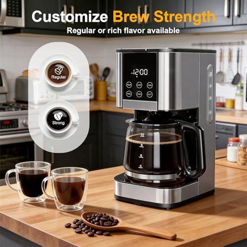 10 Cup Programmable Drip Coffee Maker, Adjustable Brew Strength, Pause & Serve, Heat Resistant Glass Carafe, Permanent Filter, Auto Shut Off, Stainless Steel, Compact Coffee Machine for Home Office - My Kitchen Products