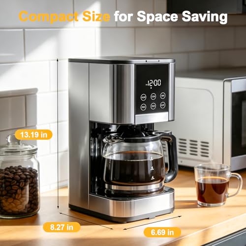10 Cup Programmable Drip Coffee Maker, Adjustable Brew Strength, Pause & Serve, Heat Resistant Glass Carafe, Permanent Filter, Auto Shut Off, Stainless Steel, Compact Coffee Machine for Home Office - My Kitchen Products