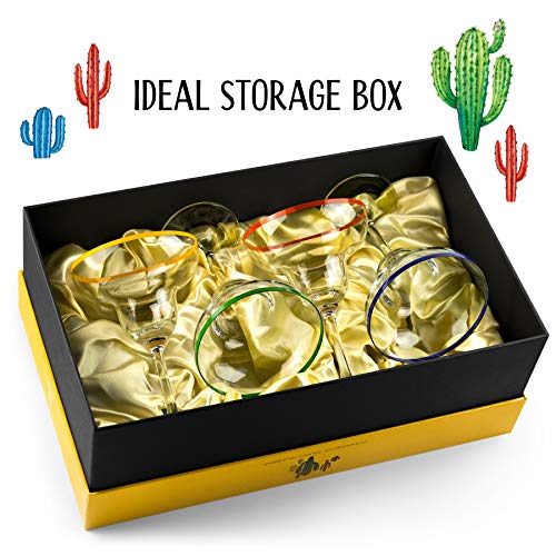 10 oz Margarita Cocktail Glasses + Colorful Party Rims | Set of 4 | Classic Frozen Drinks Stemware + Fun Cactus Gift Box | Thick Stem, Heavy Duty, Clear Hand Blown Glassware Drinking Set - My Kitchen Products