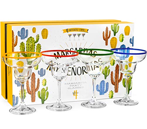10 oz Margarita Cocktail Glasses + Colorful Party Rims, Set of 4, Classic Frozen Drinks Stemware + Fun Cactus Gift Box