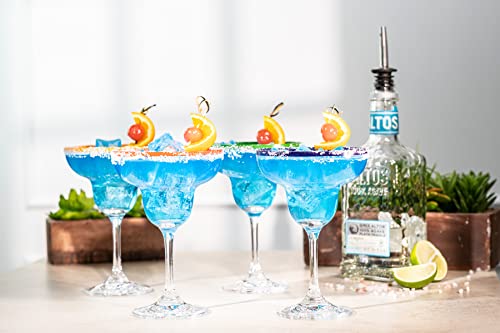 10 oz Margarita Cocktail Glasses + Colorful Party Rims | Set of 4 | Classic Frozen Drinks Stemware + Fun Cactus Gift Box | Thick Stem, Heavy Duty, Clear Hand Blown Glassware Drinking Set - My Kitchen Products