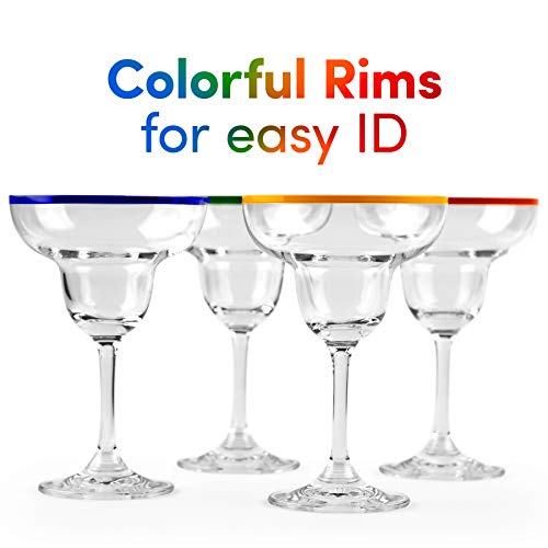 10 oz Margarita Cocktail Glasses + Colorful Party Rims | Set of 4 | Classic Frozen Drinks Stemware + Fun Cactus Gift Box | Thick Stem, Heavy Duty, Clear Hand Blown Glassware Drinking Set - My Kitchen Products