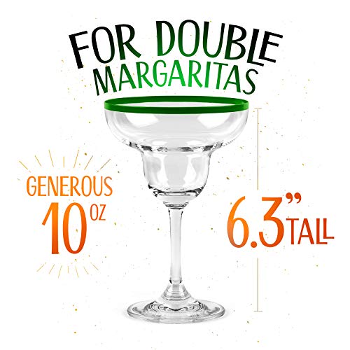 10 oz Margarita Cocktail Glasses + Colorful Party Rims | Set of 4 | Classic Frozen Drinks Stemware + Fun Cactus Gift Box | Thick Stem, Heavy Duty, Clear Hand Blown Glassware Drinking Set - My Kitchen Products