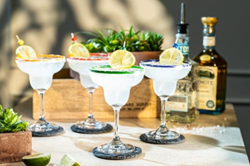 10 oz Margarita Cocktail Glasses + Colorful Party Rims | Set of 4 | Classic Frozen Drinks Stemware + Fun Cactus Gift Box | Thick Stem, Heavy Duty, Clear Hand Blown Glassware Drinking Set - My Kitchen Products