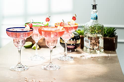 10 oz Margarita Cocktail Glasses + Colorful Party Rims | Set of 4 | Classic Frozen Drinks Stemware + Fun Cactus Gift Box | Thick Stem, Heavy Duty, Clear Hand Blown Glassware Drinking Set - My Kitchen Products