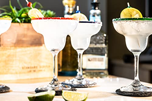 10 oz Margarita Cocktail Glasses + Colorful Party Rims | Set of 4 | Classic Frozen Drinks Stemware + Fun Cactus Gift Box | Thick Stem, Heavy Duty, Clear Hand Blown Glassware Drinking Set - My Kitchen Products