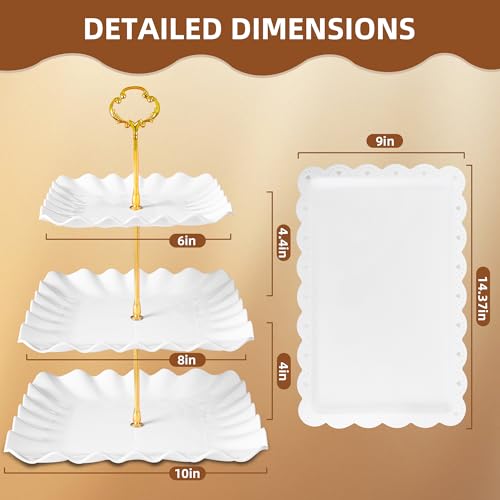 10 Pack Dessert Table Display Set - 4 x Three-Tier Square Cupcake Stands and 6 x Serving Trays, Elegant Tableware for Cakes, Cupcakes, Pastries, and Snacks, Perfect for Parties (White) - My Kitchen Products