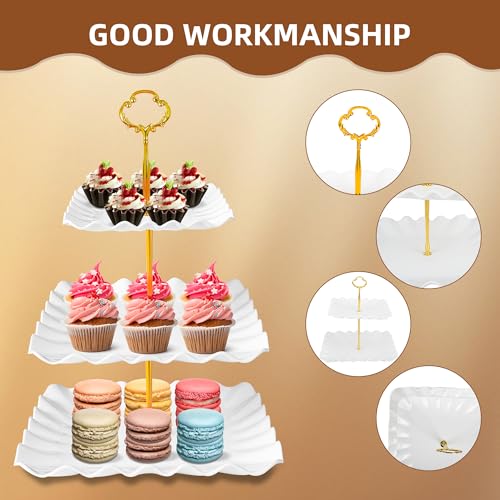 10 Pack Dessert Table Display Set - 4 x Three-Tier Square Cupcake Stands and 6 x Serving Trays, Elegant Tableware for Cakes, Cupcakes, Pastries, and Snacks, Perfect for Parties (White) - My Kitchen Products