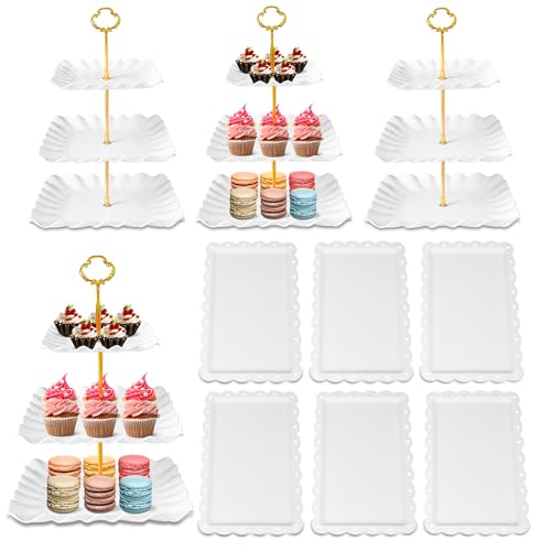 10 Pack Dessert Table Display Set - 4 x Three-Tier Square Cupcake Stands and 6 x Serving Trays, Elegant Tableware for Cakes