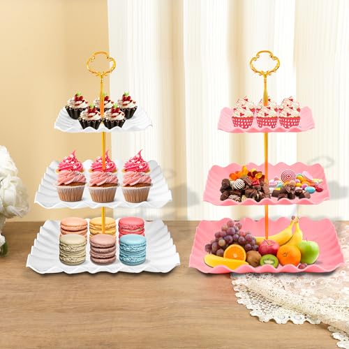 10 Pack Dessert Table Display Set - 4 x Three-Tier Square Cupcake Stands and 6 x Serving Trays, Elegant Tableware for Cakes, Cupcakes, Pastries, and Snacks, Perfect for Parties (White) - My Kitchen Products