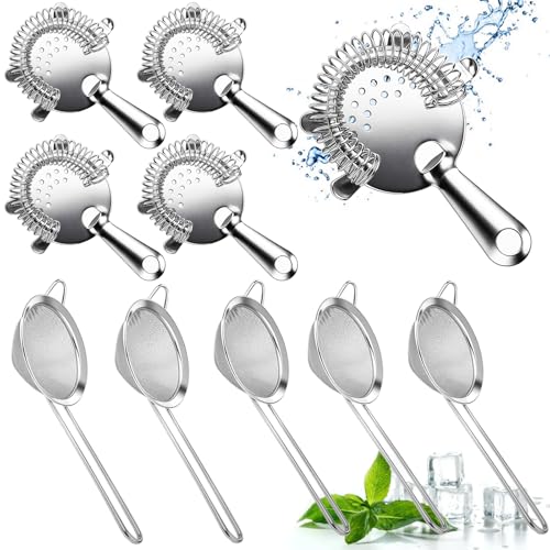 10 Pack Stainless Steel Cocktail Strainer,5 Pcs Cone Shaped Small Fine Mesh Strainer Sieve and 5 Pcs 4-Prong Bar Drink