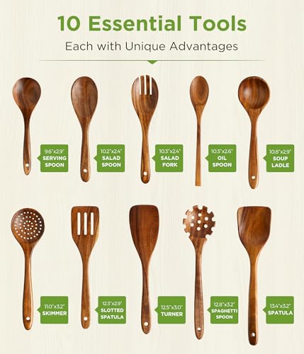 10 Pcs Wooden Utensil Set - Teak Wooden Spoons for Cooking, Non Toxic, Heat Resistant, Durable & Safe for Kitchen Nonstick Cookware - My Kitchen Products