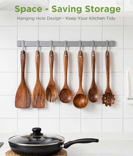 10 Pcs Wooden Utensil Set - Teak Wooden Spoons for Cooking, Non Toxic, Heat Resistant, Durable & Safe for Kitchen Nonstick Cookware - My Kitchen Products