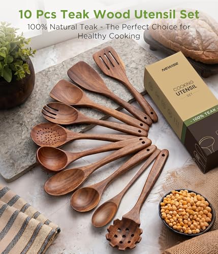 10 Pcs Wooden Utensil Set - Teak Wooden Spoons for Cooking, Non Toxic, Heat Resistant, Durable & Safe for Kitchen Nonstick Cookware - My Kitchen Products