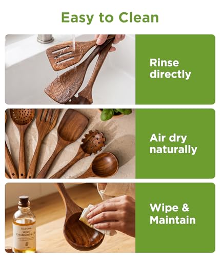 10 Pcs Wooden Utensil Set - Teak Wooden Spoons for Cooking, Non Toxic, Heat Resistant, Durable & Safe for Kitchen Nonstick Cookware - My Kitchen Products