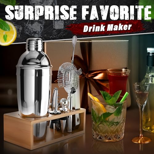 10-Piece Stainless Steel Bar Tools & Cocktail Shaker Set with Wooden Stand – Mixology Bartender Kit with Shaker, Jigger, Muddler, Strainer and Spoon – Bar Set Gift for Men, Hosts and Cocktail Lovers - My Kitchen Products