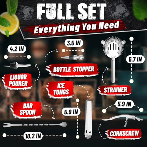 10-Piece Stainless Steel Bar Tools & Cocktail Shaker Set with Wooden Stand – Mixology Bartender Kit with Shaker, Jigger, Muddler, Strainer and Spoon – Bar Set Gift for Men, Hosts and Cocktail Lovers - My Kitchen Products