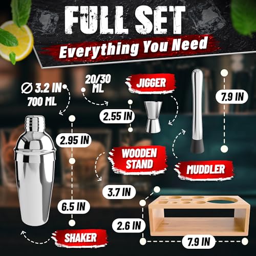 10-Piece Stainless Steel Bar Tools & Cocktail Shaker Set with Wooden Stand – Mixology Bartender Kit with Shaker, Jigger, Muddler, Strainer and Spoon – Bar Set Gift for Men, Hosts and Cocktail Lovers - My Kitchen Products