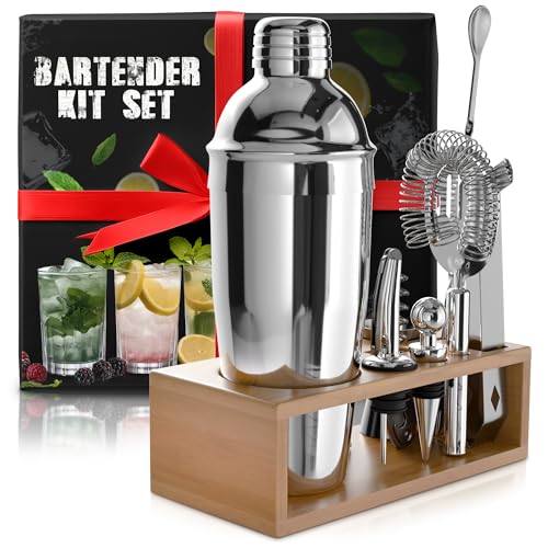 10-Piece Stainless Steel Bar Tools & Cocktail Shaker Set with Wooden Stand, Mixology Bartender Kit with Shaker
