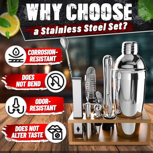 10-Piece Stainless Steel Bar Tools & Cocktail Shaker Set with Wooden Stand – Mixology Bartender Kit with Shaker, Jigger, Muddler, Strainer and Spoon – Bar Set Gift for Men, Hosts and Cocktail Lovers - My Kitchen Products