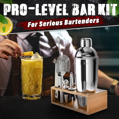 10-Piece Stainless Steel Bar Tools & Cocktail Shaker Set with Wooden Stand – Mixology Bartender Kit with Shaker, Jigger, Muddler, Strainer and Spoon – Bar Set Gift for Men, Hosts and Cocktail Lovers - My Kitchen Products