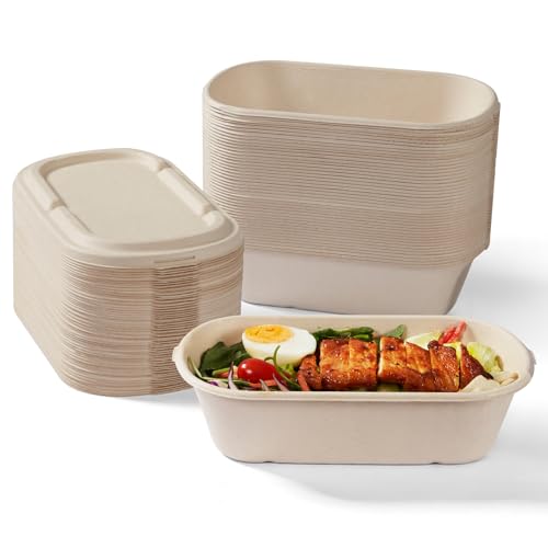 [100% Eco-Friendly] 34 oz Disposable Food Containers with Lids – Sugarcane Pulp Take Out Containers, Biodegradable Lunch Box, Compostable and Microwave Safe To-Go Boxes for Meal Prep – Pack of 50 - My Kitchen Products