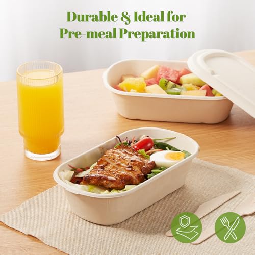 [100% Eco-Friendly] 34 oz Disposable Food Containers with Lids – Sugarcane Pulp Take Out Containers, Biodegradable Lunch Box, Compostable and Microwave Safe To-Go Boxes for Meal Prep – Pack of 50 - My Kitchen Products