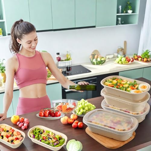 100 Pack 23 Oz Disposable Meal Prep Containers with Lids, Rectangle Paper Bowls with Lids for Salad,Leftovers, Leak-proof To Go Food Box Cardboard Lunch Box Compostable Take Out Food Containers - My Kitchen Products