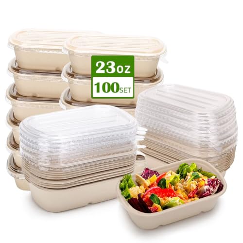 100 Pack 23 Oz Disposable Meal Prep Containers with Lids, Rectangle Paper Bowls with Lids for Salad,Leftovers, Leak-proof To Go Food Box Cardboard Lunch Box Compostable Take Out Food Containers - My Kitchen Products