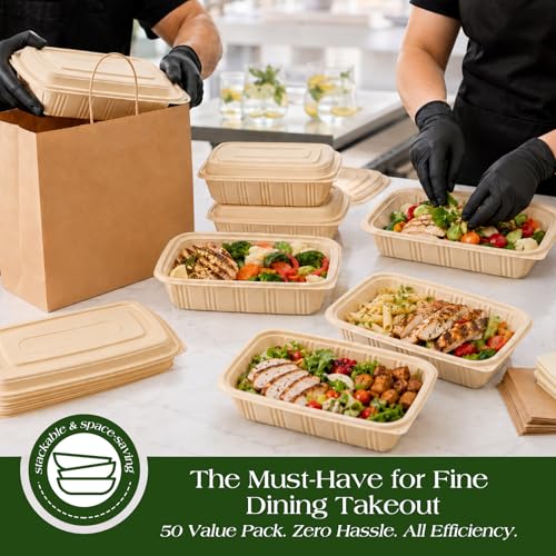 100 Piece (50 Pack) Meal Prep Containers with Lids, 28 oz Cornstarch Food Storage Containers Plant-based Lunch Box for Salad,BPA Free Plastic Take Out Containers Microwave and Freezer Safe - My Kitchen Products